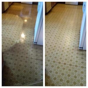 A before and after picture of the floor in the kitchen.