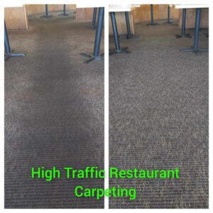 A before and after picture of a restaurant carpeting.